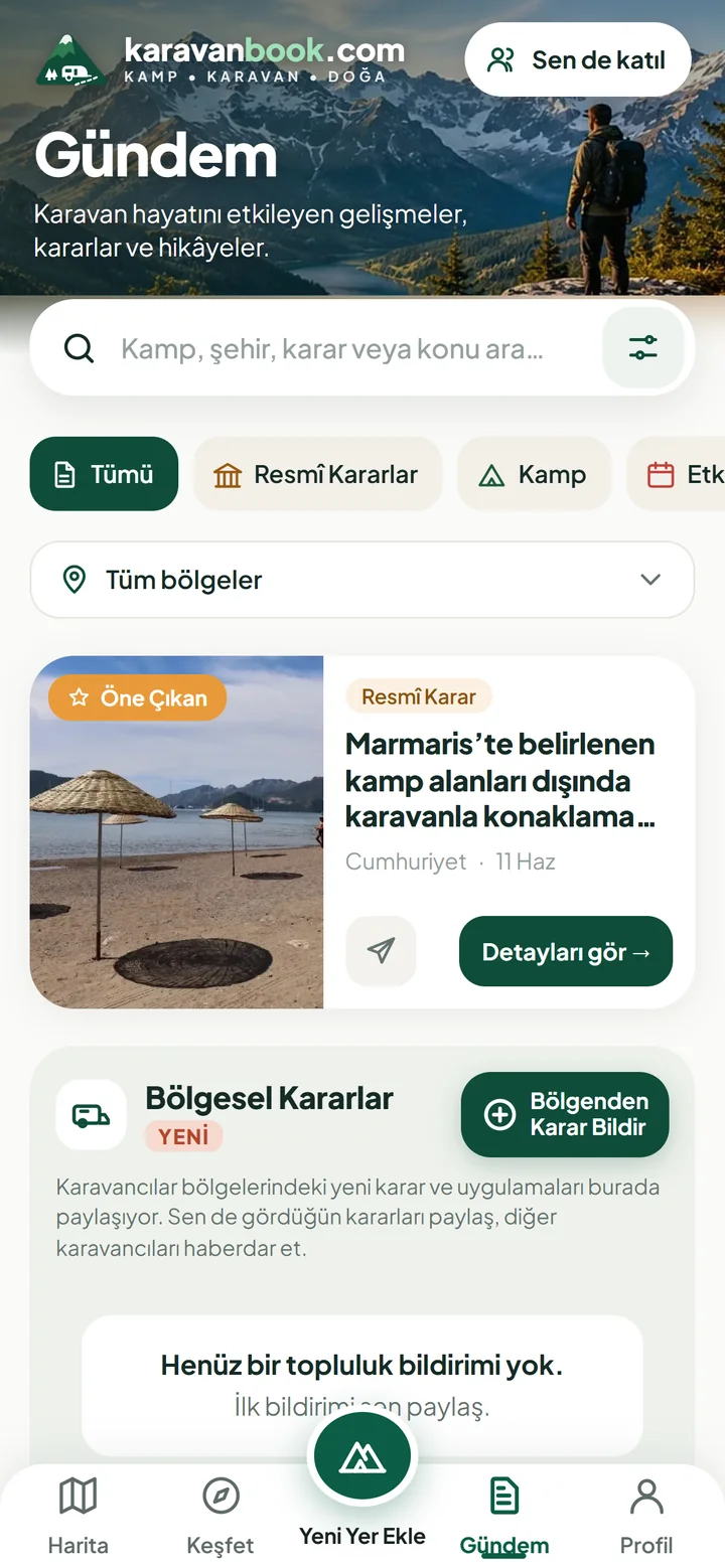 Karavanbook Gündem ekranı: resmî kararlar ve haberler
