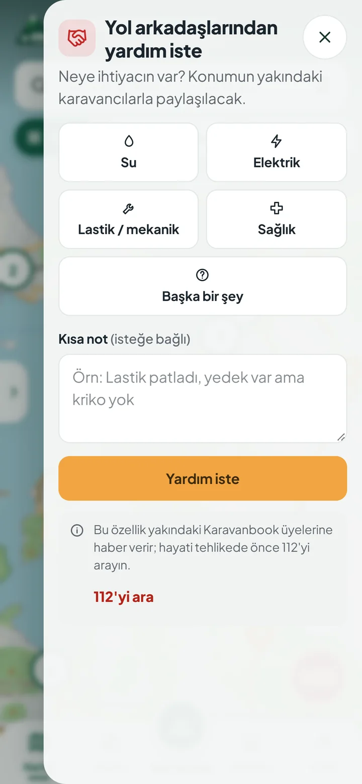 Karavanbook SOS ekranı: yardım türü seçimi