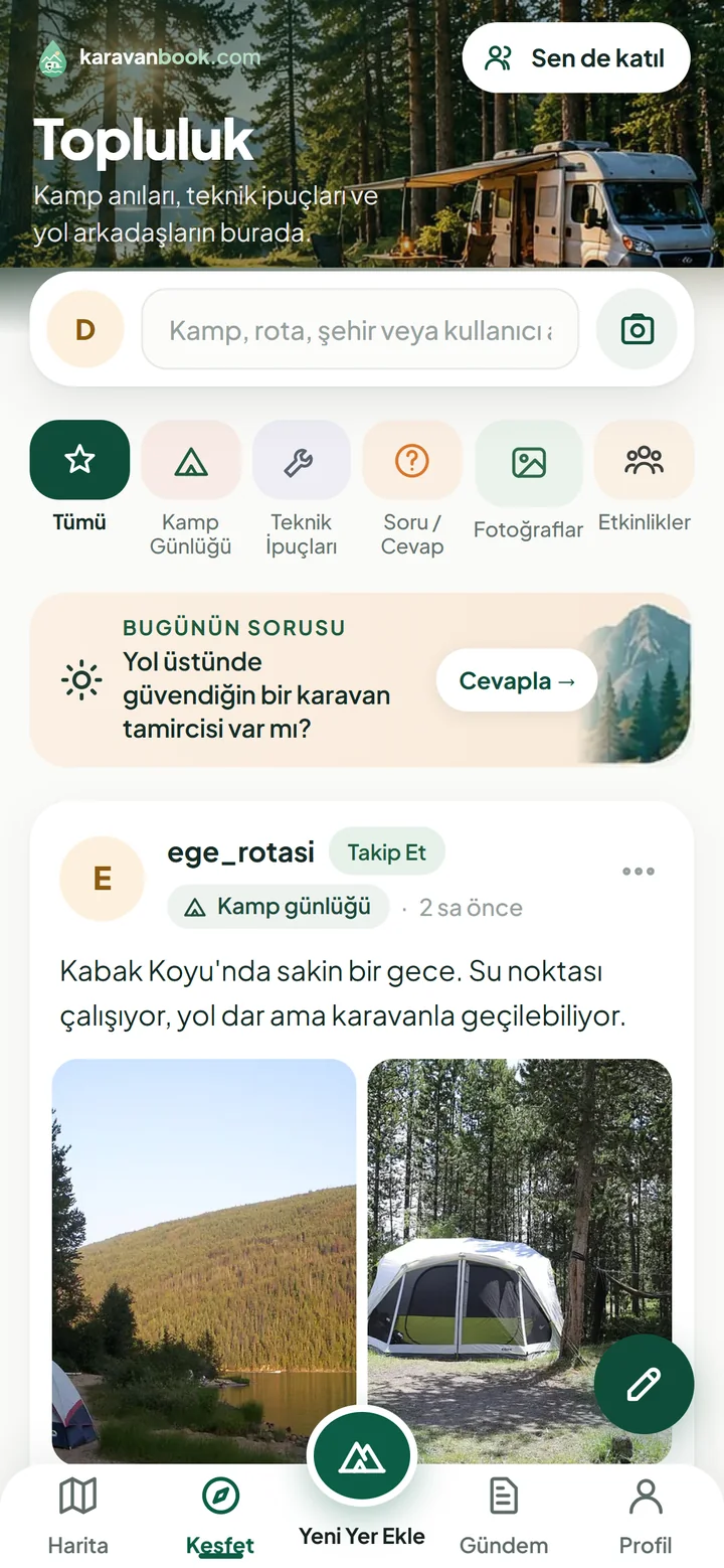 Karavanbook Keşfet ve Topluluk ekranı: kamp paylaşımları