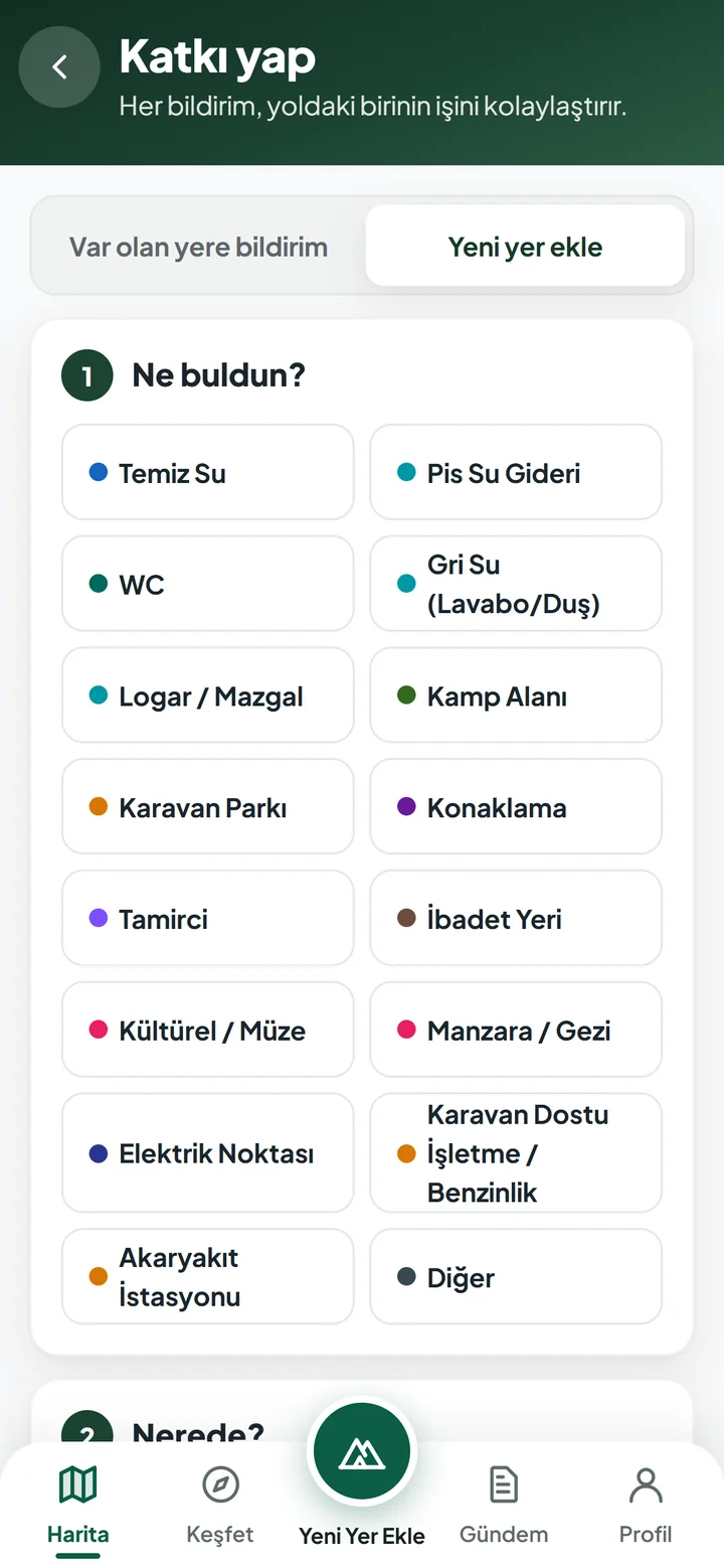 Karavanbook Yeni Yer Ekle ekranı: kategori seçimi